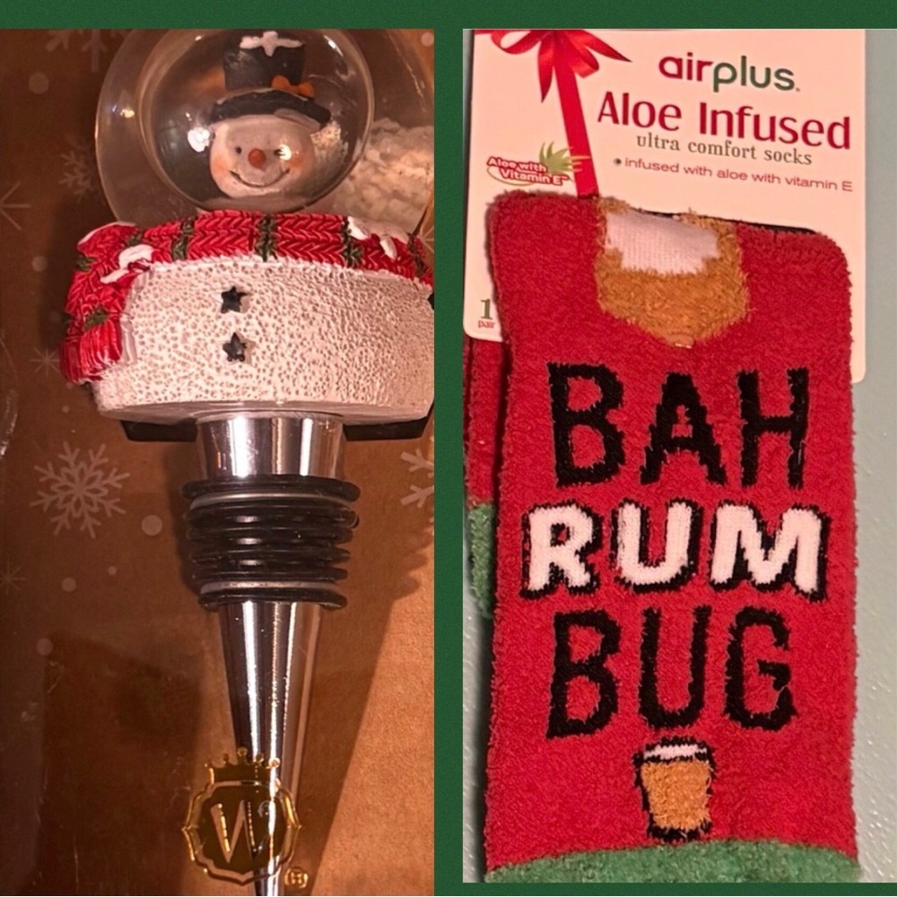 CHRISTMAS DUO:Charming Snowman Wine Stopper+Airplus Red/Green Aloe Infused Socks